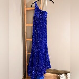 Sherri Hill Royal Blue One-Shoulder Sequin Prom Dress